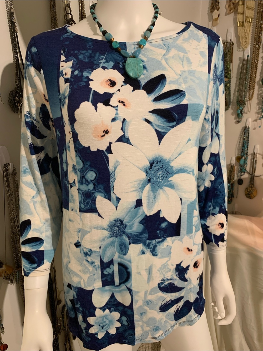 Chico's Blue Floral Boatneck Top